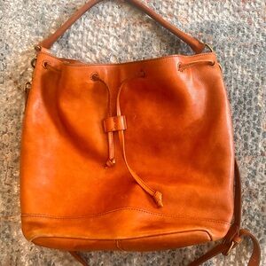 Madewell The Drawstring Transport Tote Cinch Bucket Bag Leather Cognac